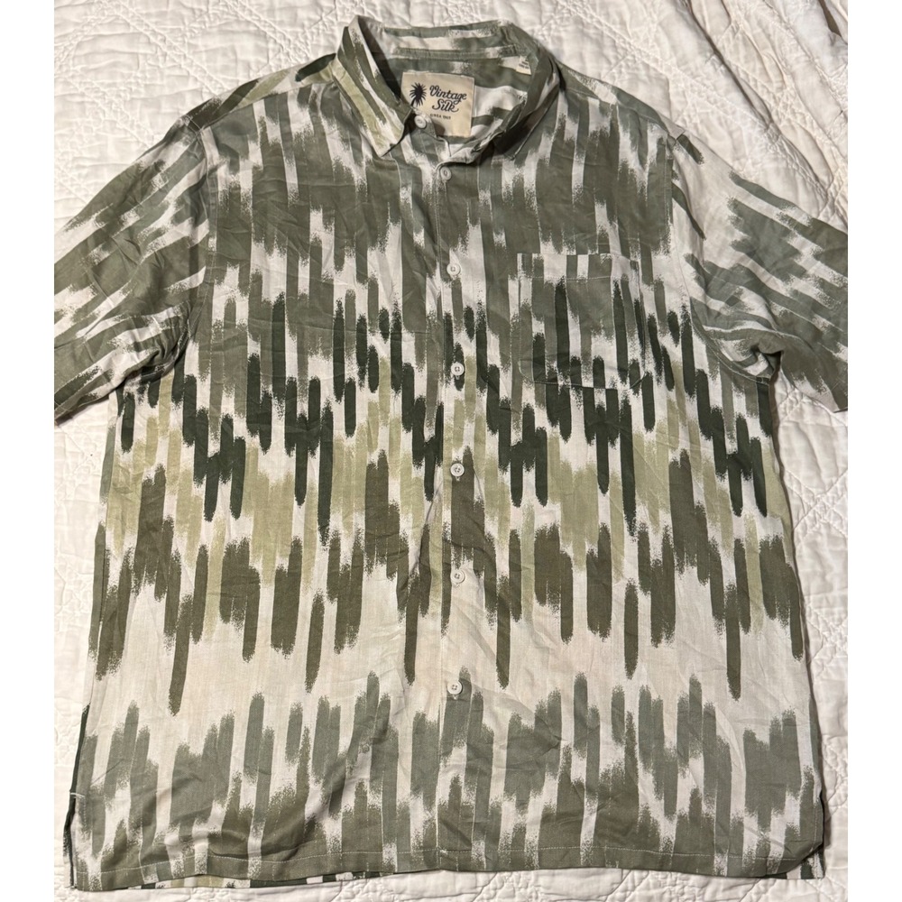 Vintage Silk Button Down Shirt Mens XXL Green Abstract Ikat Silk Short Sleeve